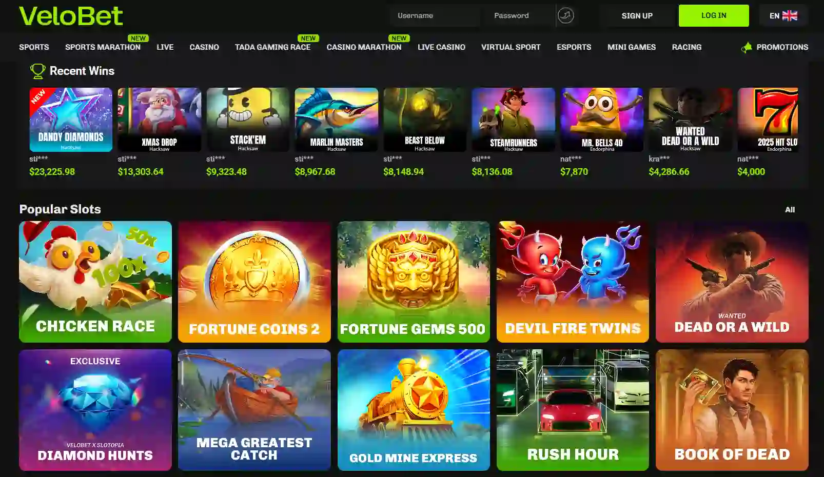 Current Velobet homepage and casino lobby view